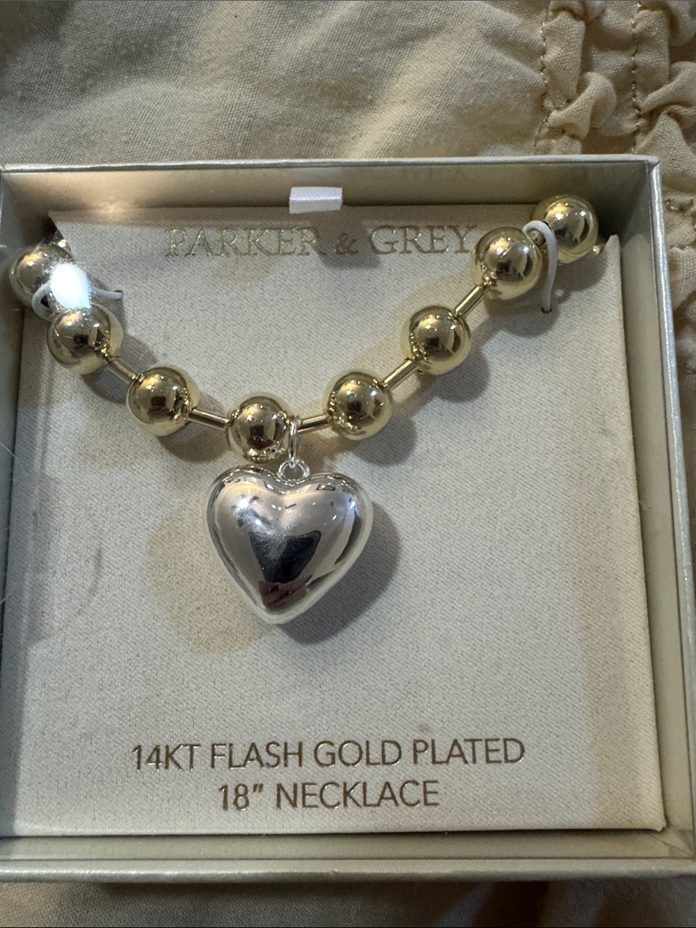 Gold Bead Necklace with Silver Heart Charm